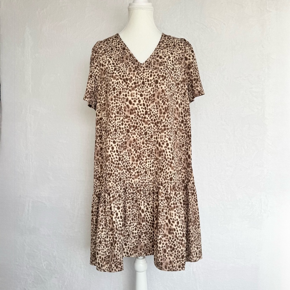 A NEW DAY V Neck Mini Dress XS Leopard Short‎ Sleeve Ruffle Hem Slip On Casual - Picture 10 of 11